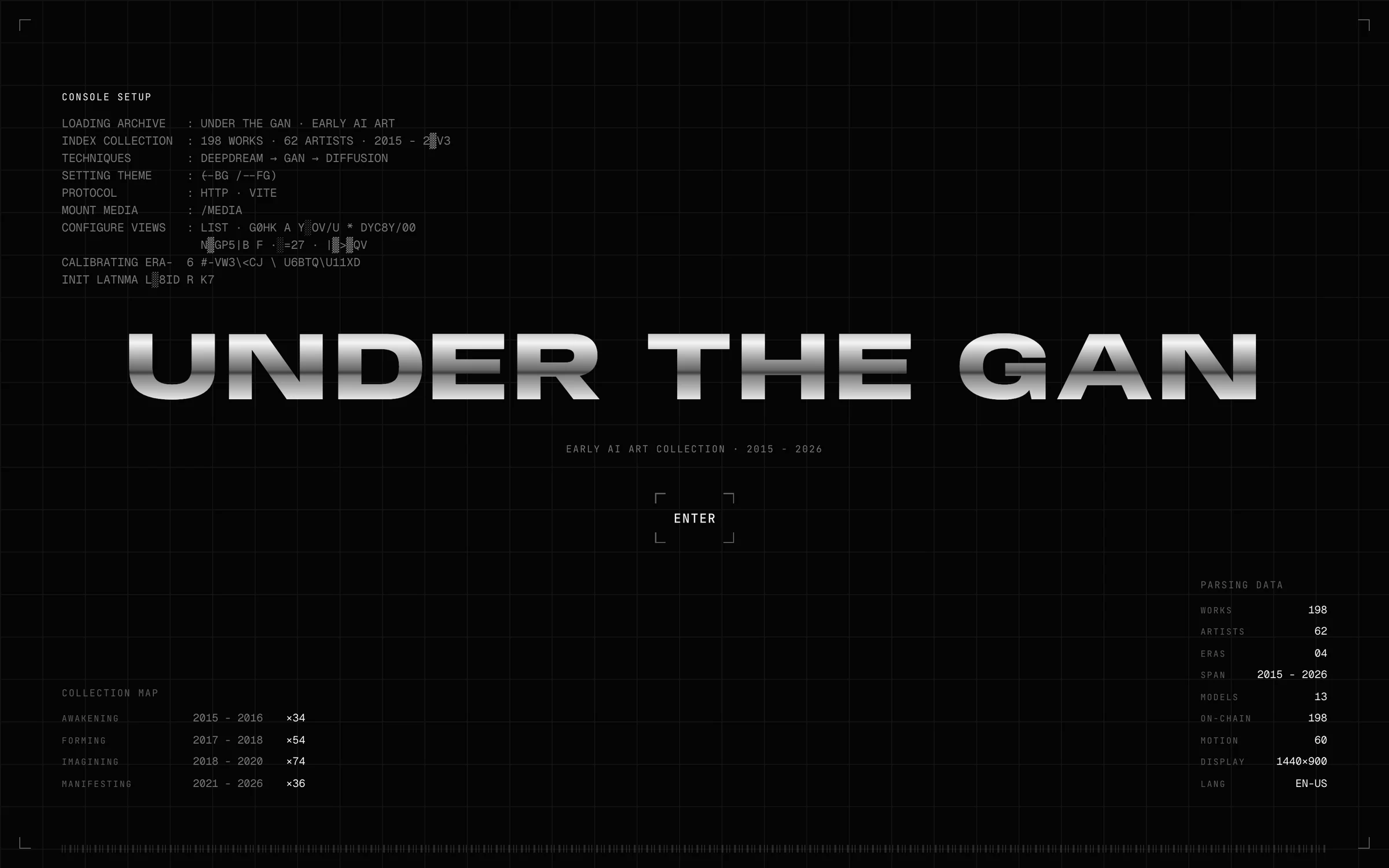 The console boot sequence that opens Under the GAN: loading archive, 198 works, 62 artists, eras calibrating, an Enter button