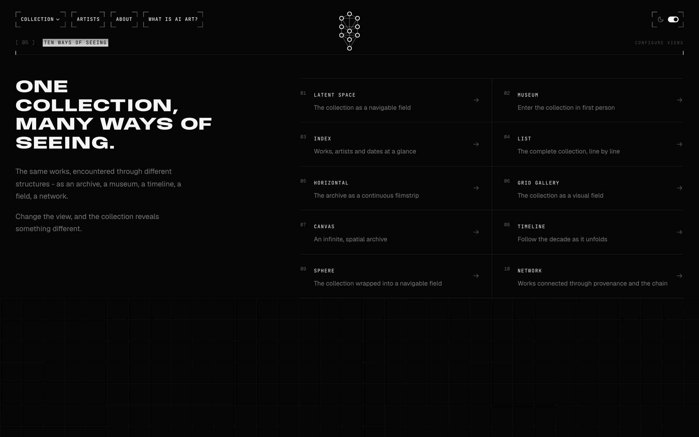 The Ten Ways of Seeing chooser on the landing page: Latent Space, Museum, Index, List, Horizontal, Grid Gallery, Canvas, Timeline, Sphere, Network