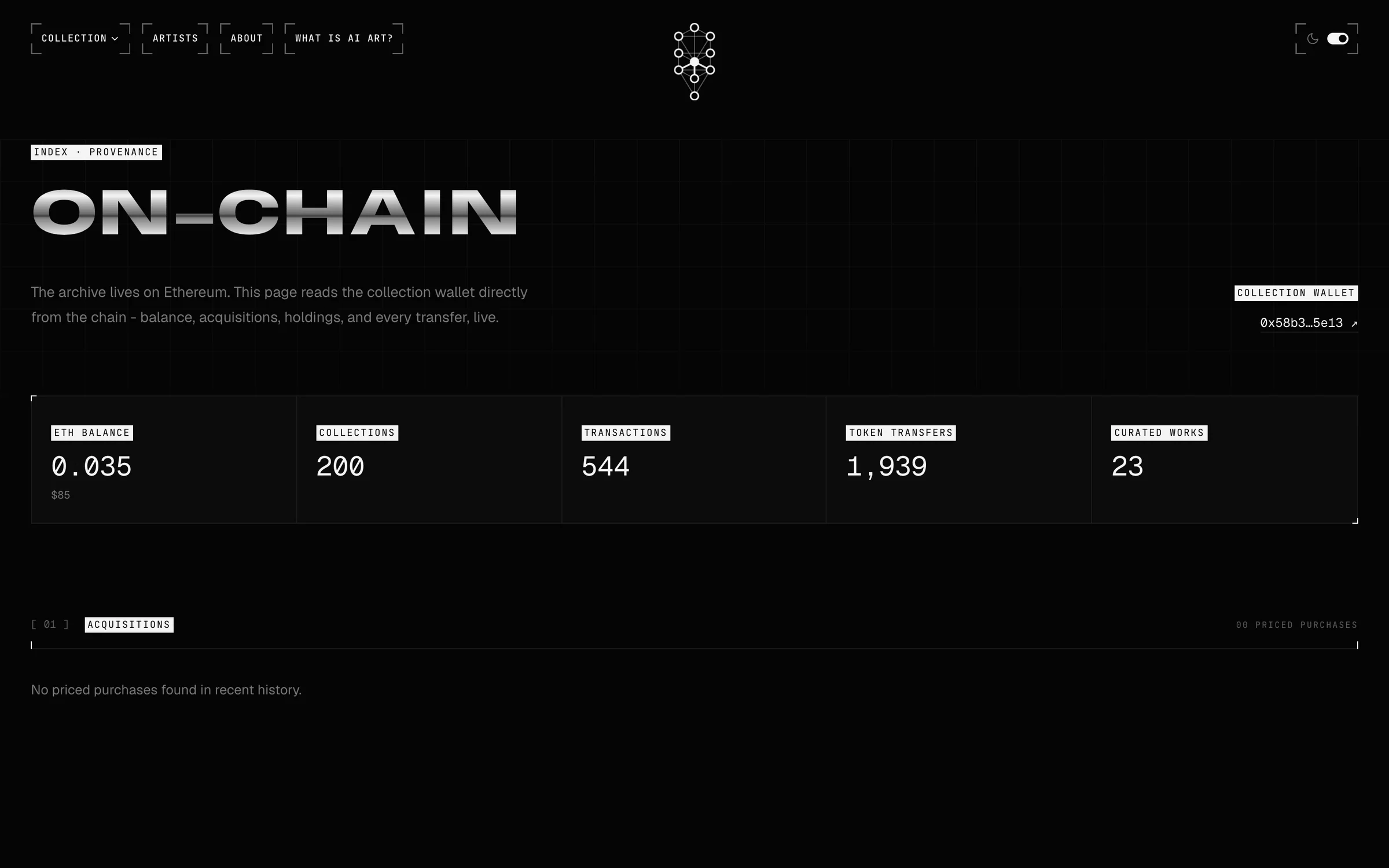 The On-Chain page: the collection wallet read live from Ethereum, with balance, collections, transactions, token transfers and curated works