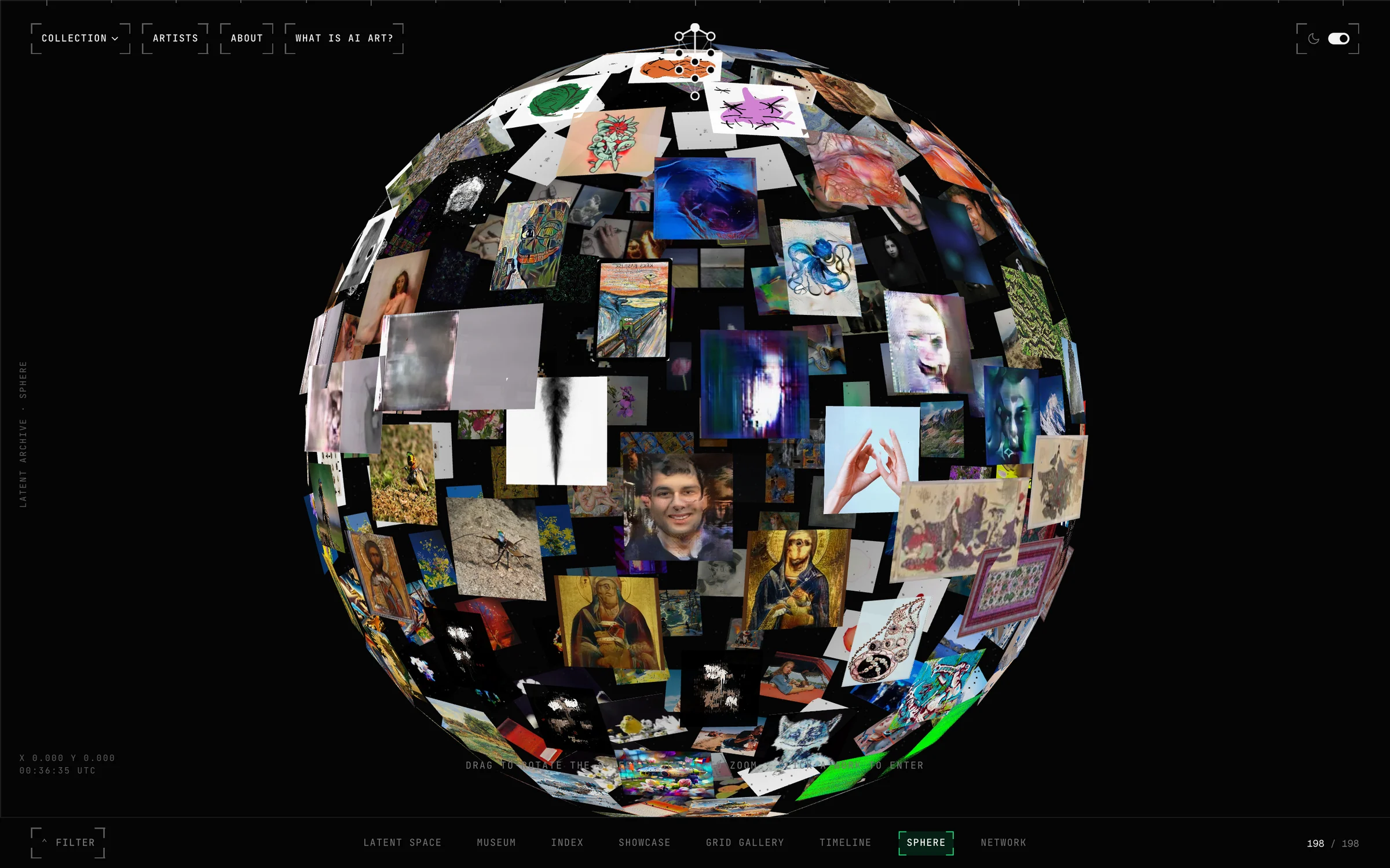 The Sphere view: works and artist portraits wrapped onto a rotating globe