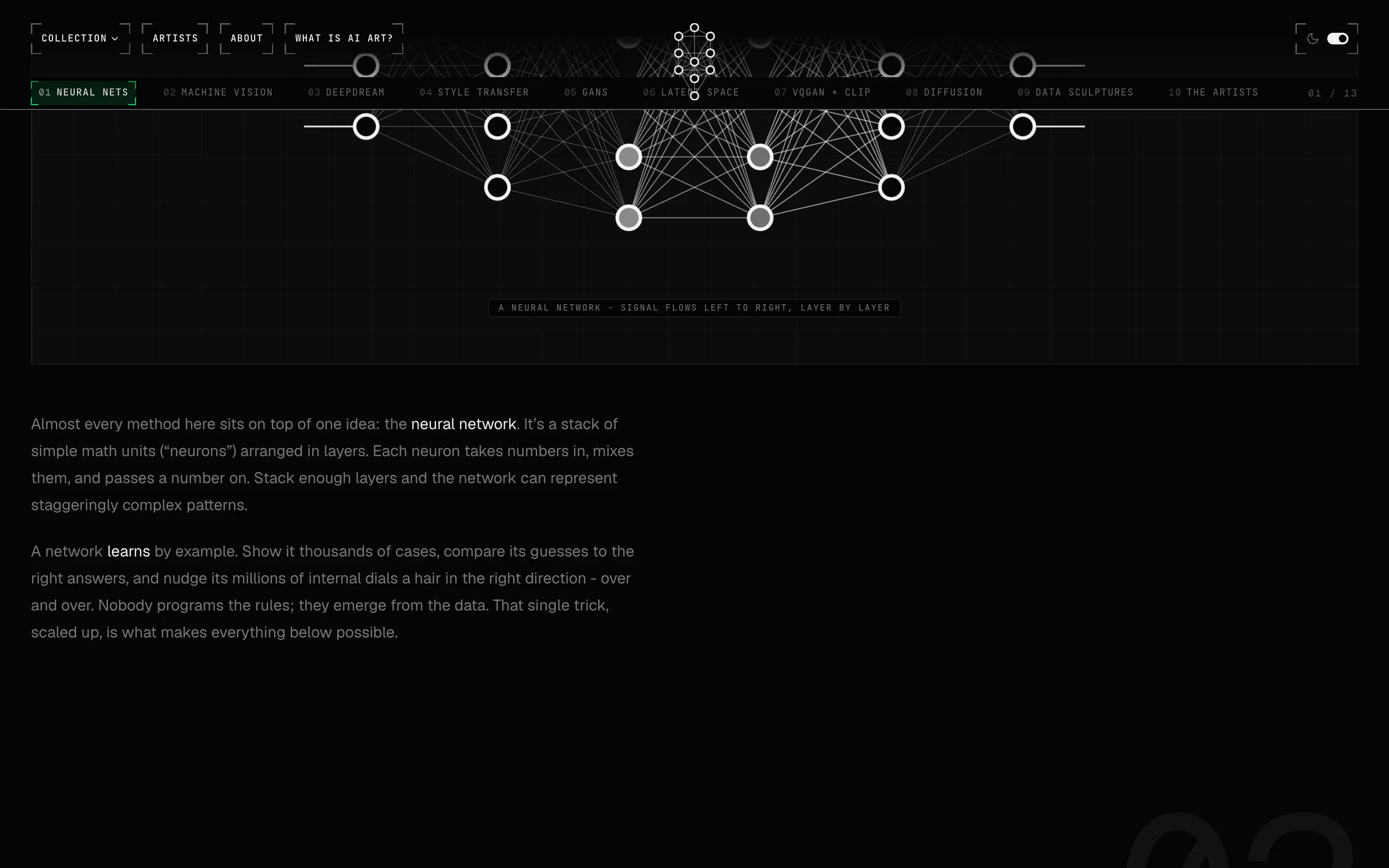 The Field Guide: a neural network diagram, signal flowing left to right layer by layer, with the chapter navigation from Neural Nets to The Artists