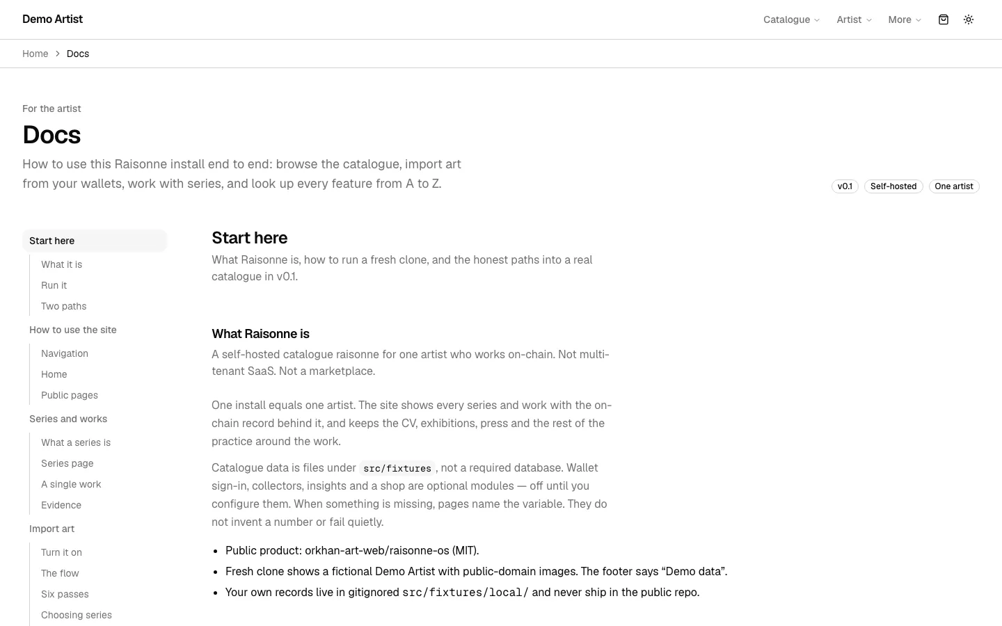 Raisonne docs page with sticky section navigation